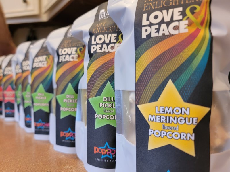 Custom labeled PopPoww! popcorn bags